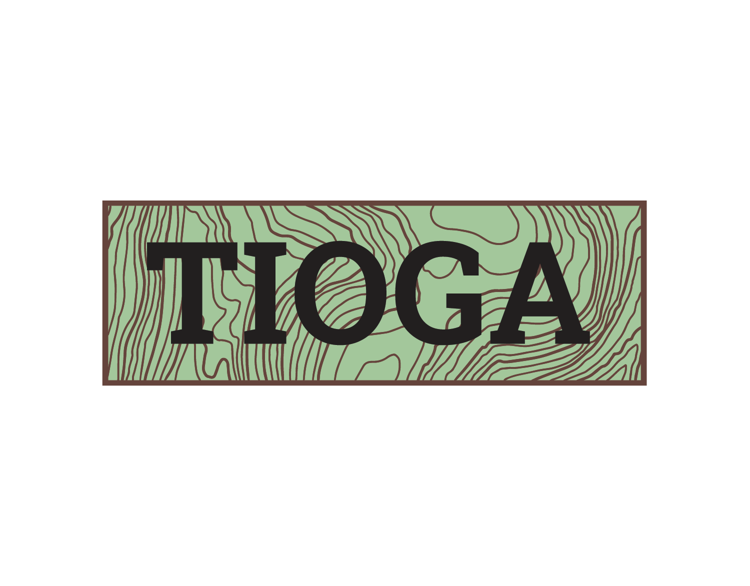 Tioga is the word this logo has. It's written in a dark brown, bold, 
				serif slab font. It's enclosed in a rectangle containing a background 
				styled similar to a topological map. The borders of the rectangle are a 
				lighter shade of brown, and the same applies to the many curvy lines in 
				the rectangle's background. Further topping off the topography map look is
				the fact the background of the rectangle has a light, dull shade of green.
